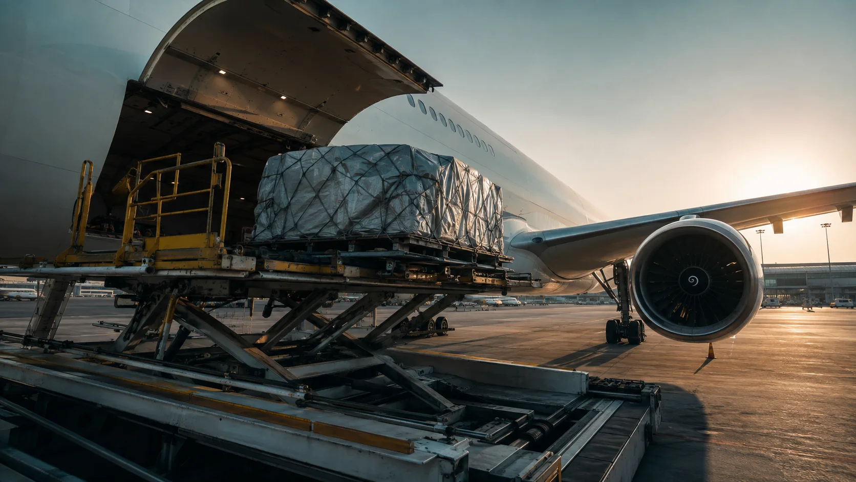 Illustration of freight on an aircraft cargo loader.