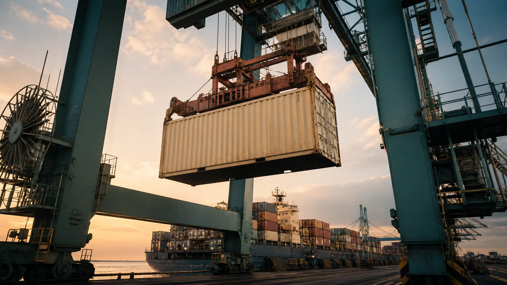 Illustration of a container being handled at a sea terminal.