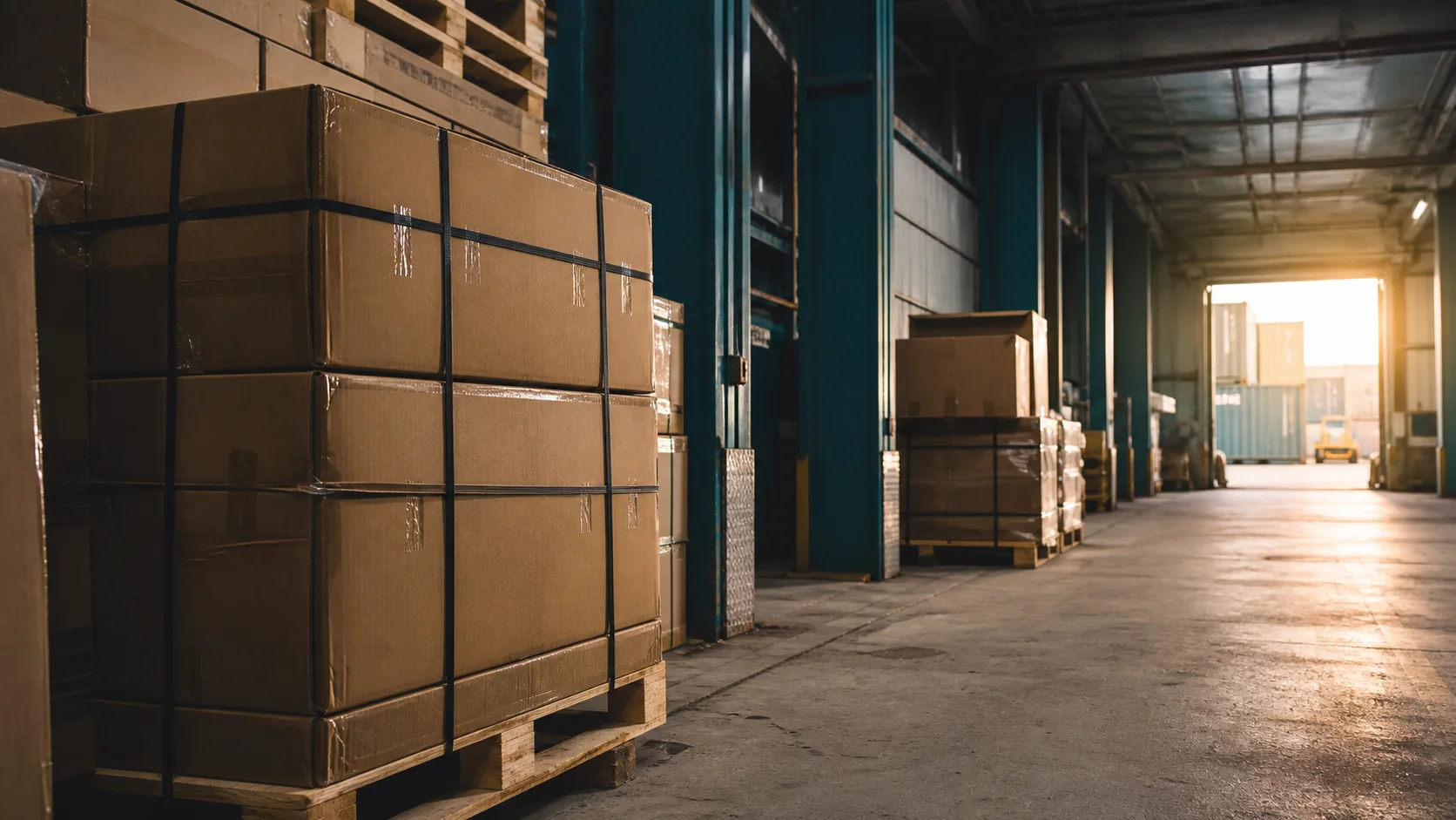 Illustration of export cargo prepared for a warehouse handoff.